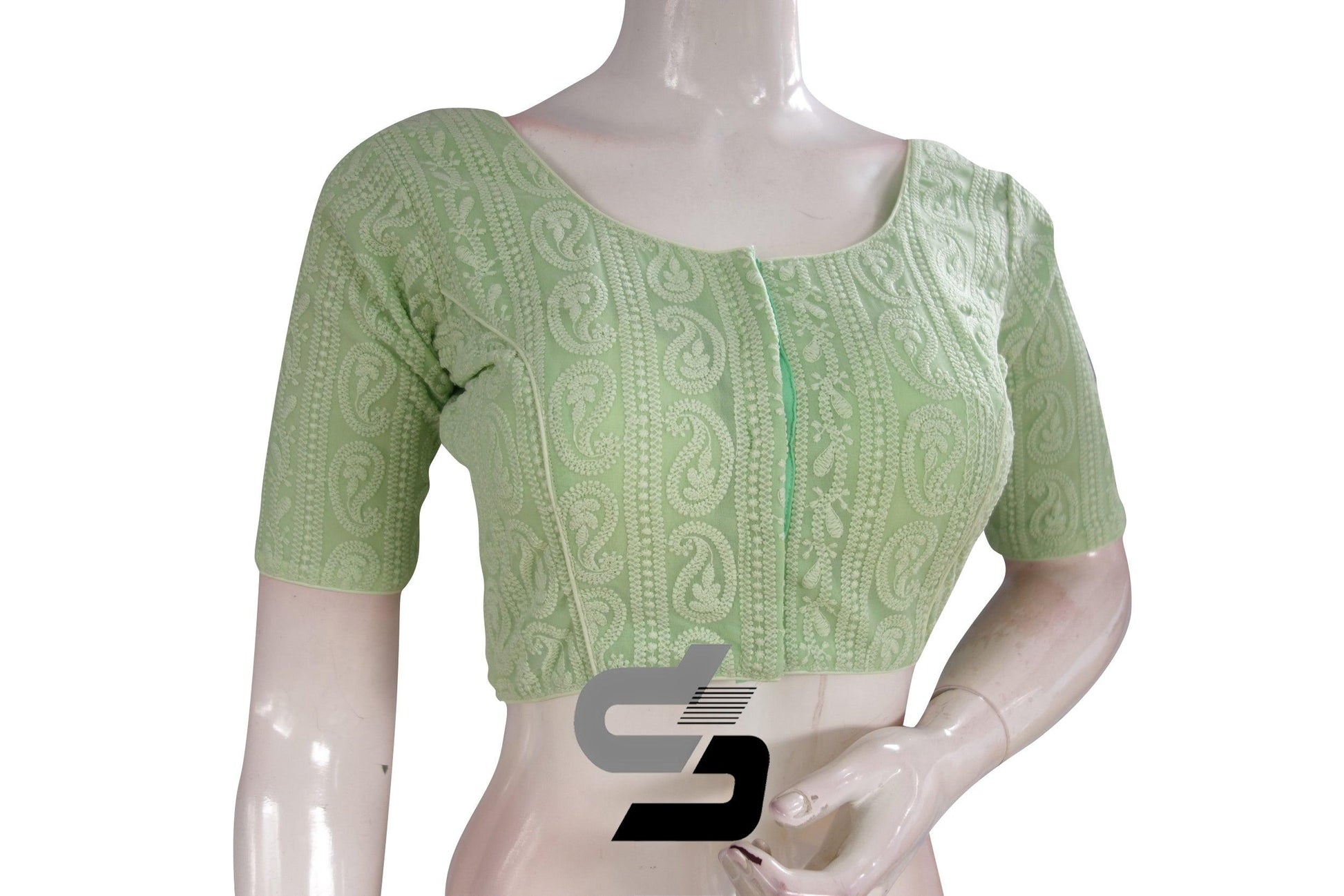 Pastel Green Color Chikankari Embroidery Readymade saree blouse - D3blouses