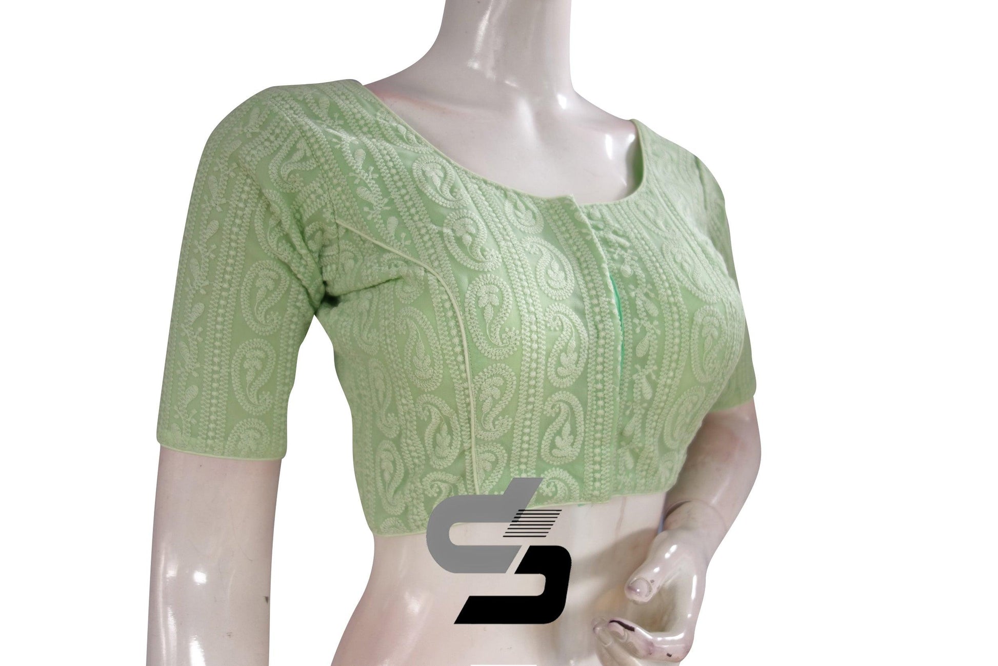 Pastel Green Color Chikankari Embroidery Readymade saree blouse - D3blouses