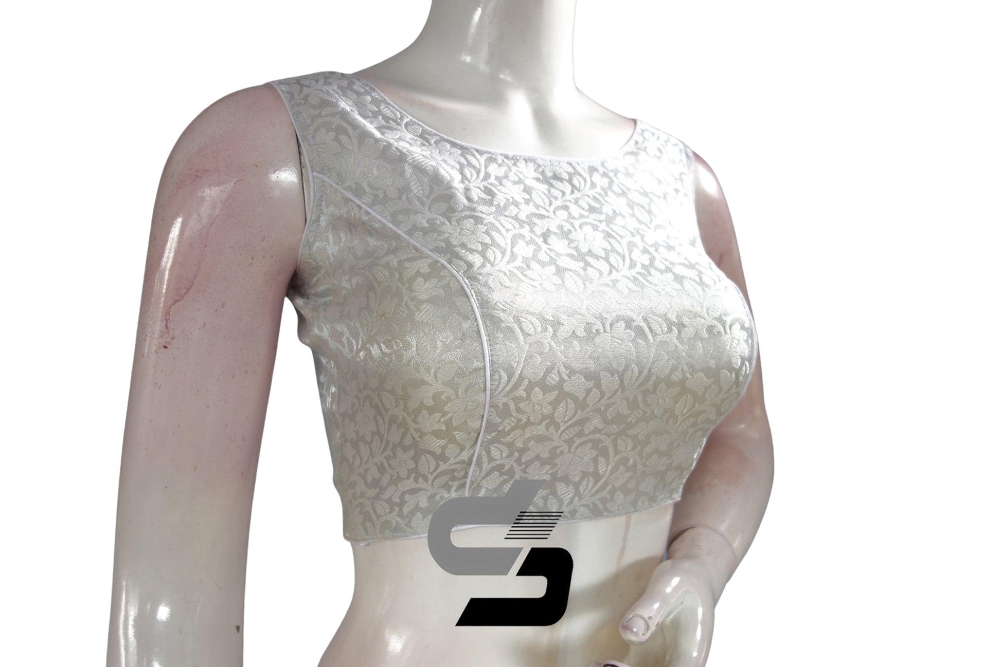 Silver Color Boat Neck Brocade Silk Designer Readymade Saree Blouse - D3blouses