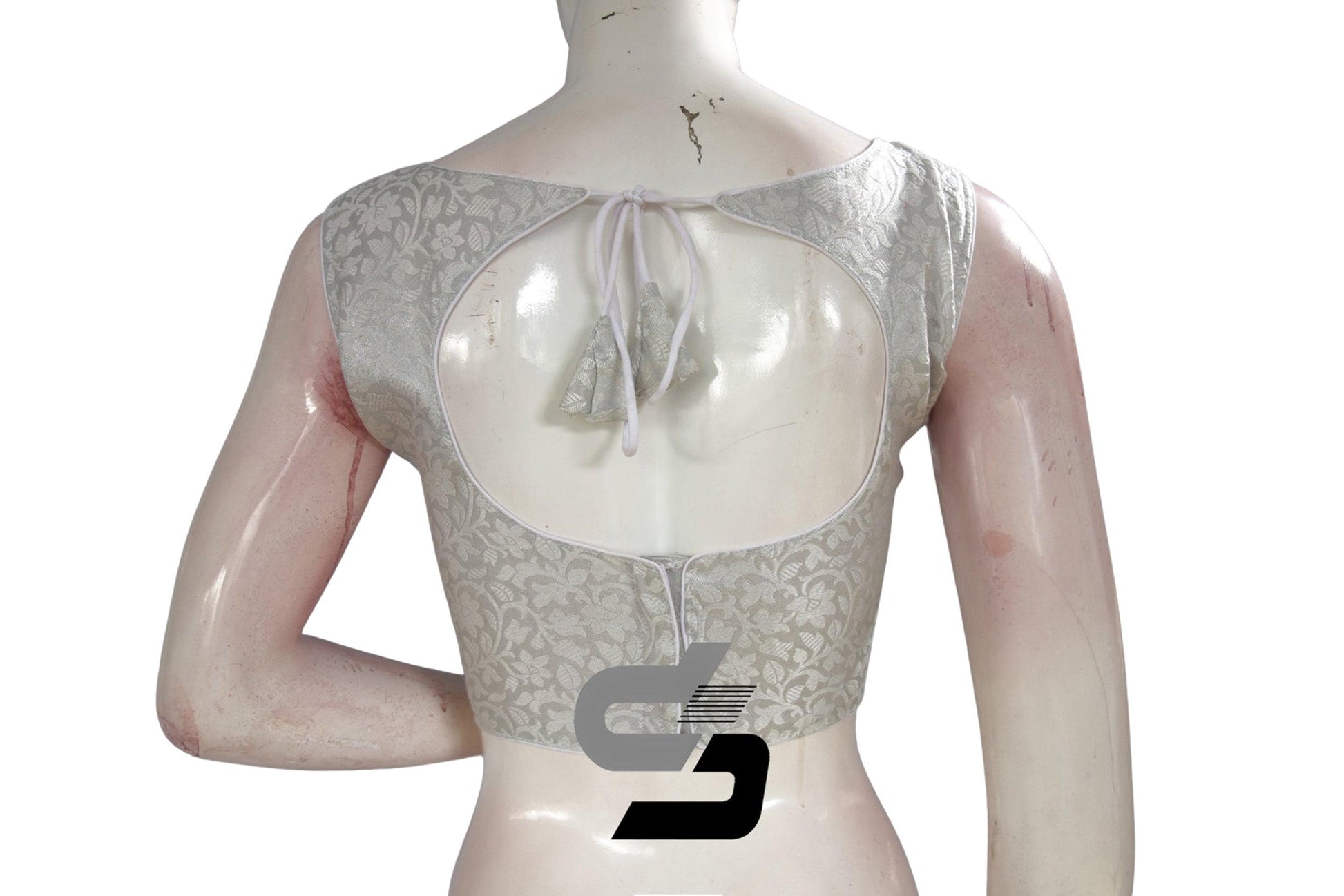 Silver Color Boat Neck Brocade Silk Designer Readymade Saree Blouse - D3blouses