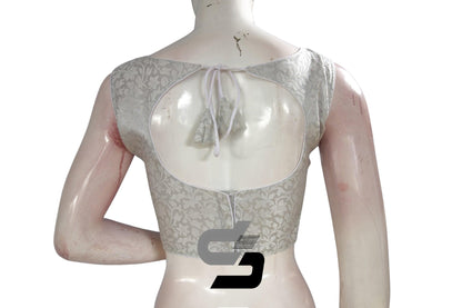 Silver Color Boat Neck Brocade Silk Designer Readymade Saree Blouse - D3blouses
