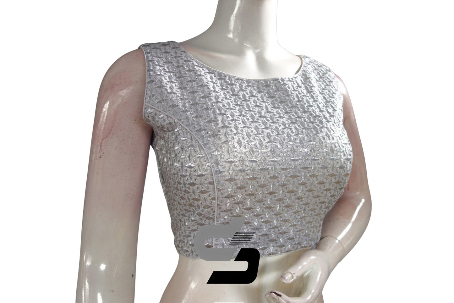 Silver Color Boat Neck Embroidery Designer Readymade Saree Blouse - D3blouses