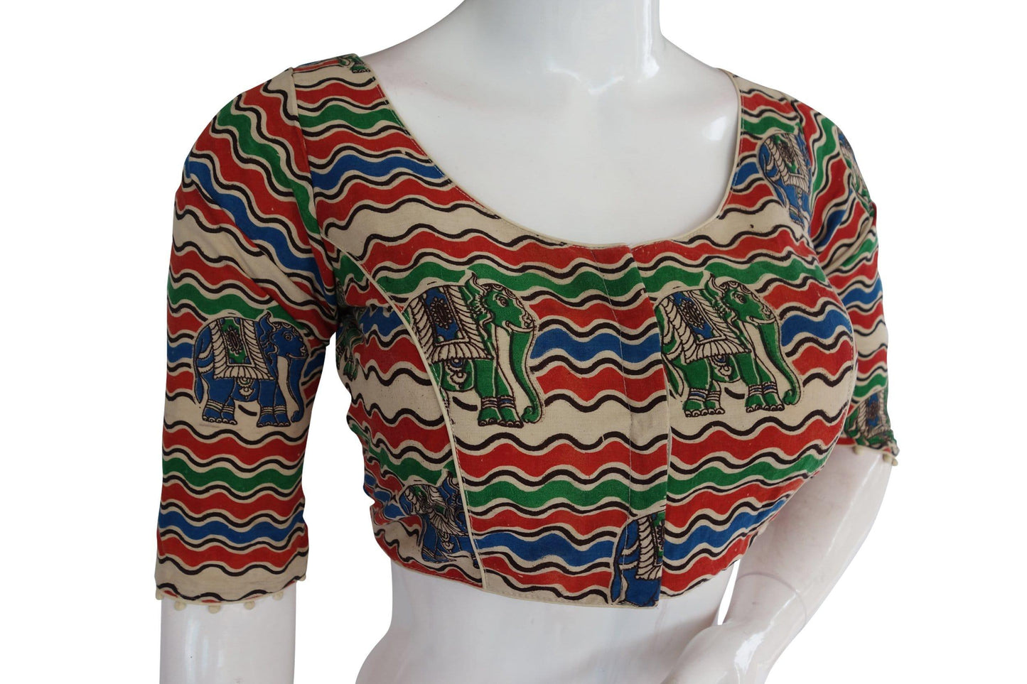 Elevate your style with our trendy Kalamkari 3/4th sleeves readymade blouse, made from premium Indian cotton for unmatched comfort and elegance.