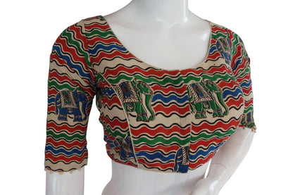 Elevate your style with our trendy Kalamkari 3/4th sleeves readymade blouse, made from premium Indian cotton for unmatched comfort and elegance.