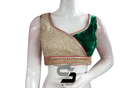 Green Color Velvet Designer Party Wear Readymade Blouse/ Indian Crop Tops - D3blouses