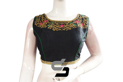 Black Color Semi Silk Designer Boat Neck Party Wear Readymade Blouse/ Indian Crop Tops - D3blouses