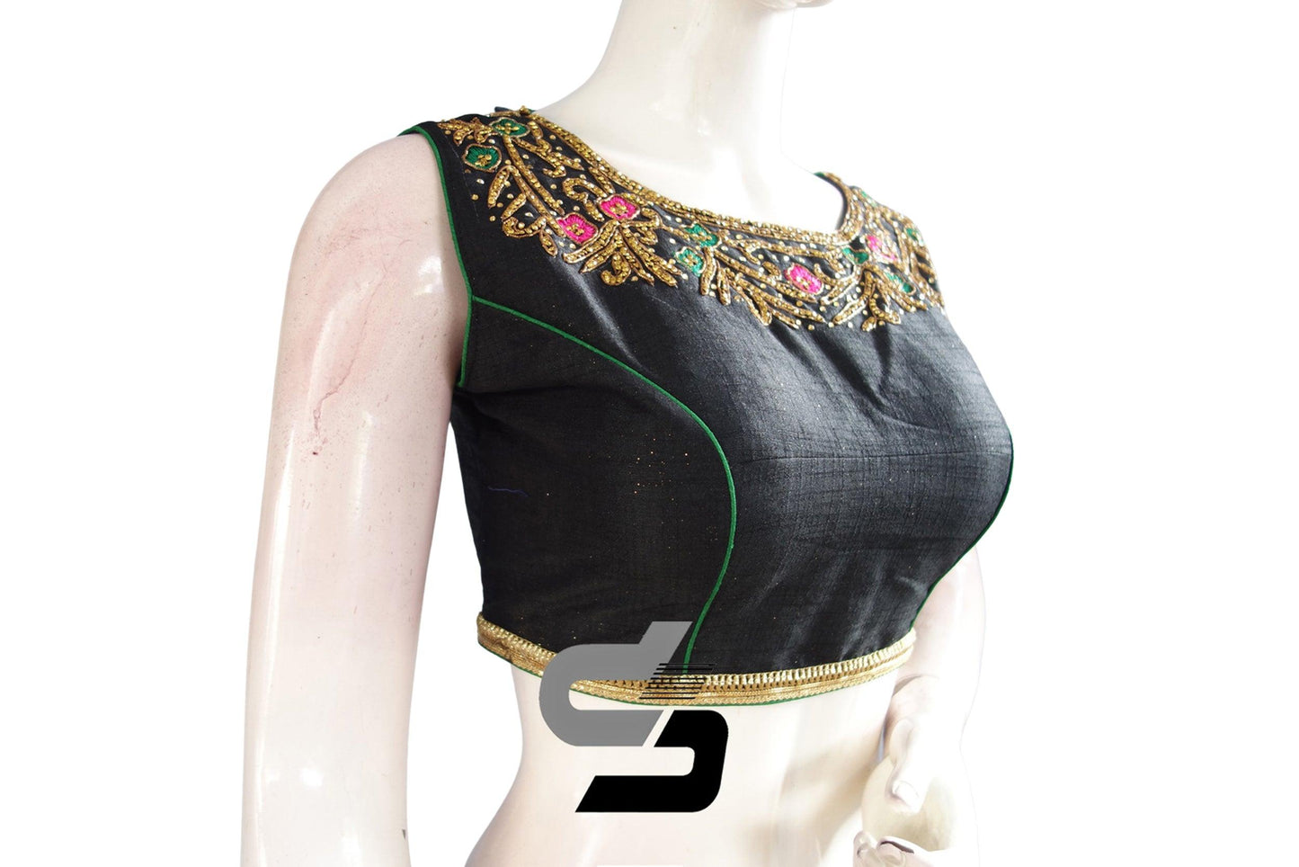 Black Color Semi Silk Designer Boat Neck Party Wear Readymade Blouse/ Indian Crop Tops - D3blouses