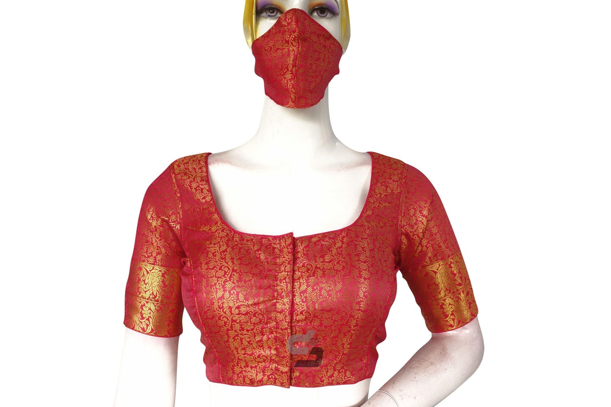 Pink Color Brocade Silk Readymade Saree Blouse With Matching Mask - D3blouses