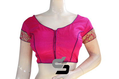 Pink Color Raw Silk Embroidery Designer Party Wear Readymade Blouse/ Indian Crop Tops - D3blouses