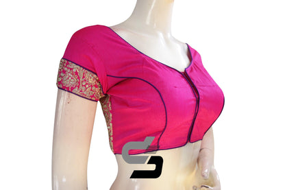 Pink Color Raw Silk Embroidery Designer Party Wear Readymade Blouse/ Indian Crop Tops - D3blouses