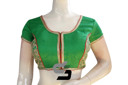 Green Color Raw Silk Embroidery Designer Party Wear Readymade Blouse/ Indian Crop Tops - D3blouses