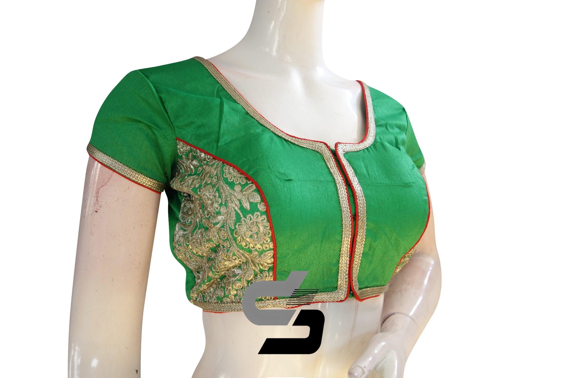 Green Color Raw Silk Embroidery Designer Party Wear Readymade Blouse/ Indian Crop Tops - D3blouses