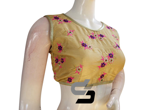 Gold Color Semi Silk Embroidery Sleeveless Designer Party Wear Readymade Blouse/ Indian Crop Tops - D3blouses