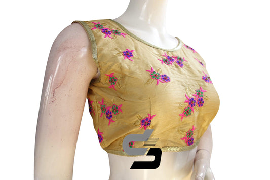 Gold Color Semi Silk Embroidery Sleeveless Designer Party Wear Readymade Blouse/ Indian Crop Tops - D3blouses