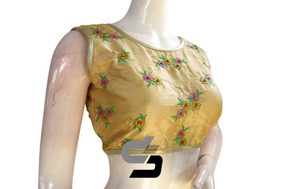 Gold Color Semi Silk Embroidery Sleeveless Designer Party Wear Readymade Blouse/ Indian Crop Tops - D3blouses