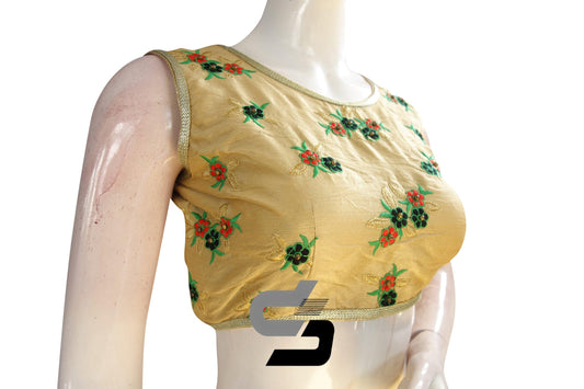 Gold Color Semi Silk Embroidery Sleeveless Designer Party Wear Readymade Blouse/ Indian Crop Tops - D3blouses