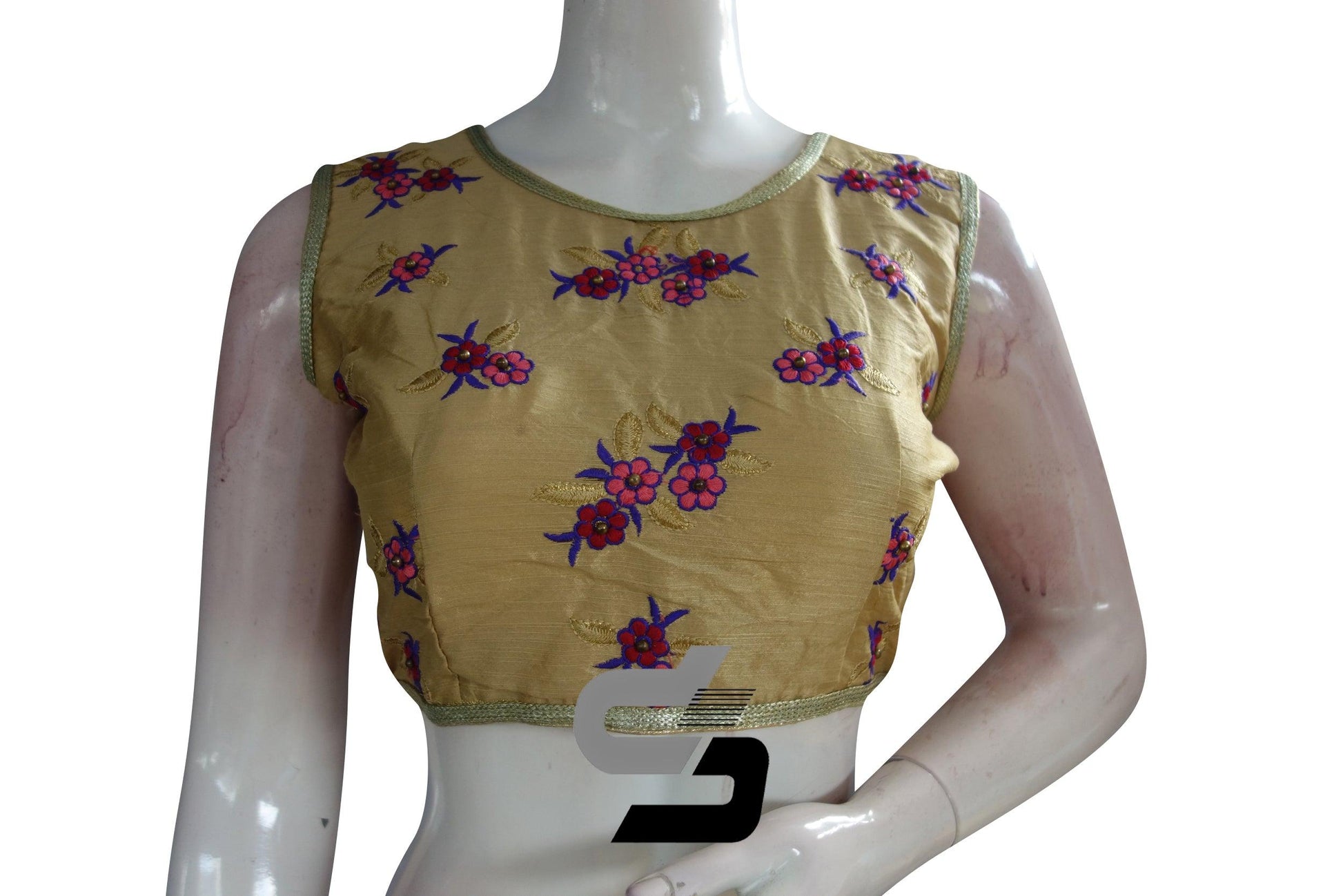 Gold Color Semi Silk Embroidery Sleeveless Designer Party Wear Readymade Blouse/ Indian Crop Tops - D3blouses