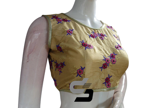 Gold Color Semi Silk Embroidery Sleeveless Designer Party Wear Readymade Blouse/ Indian Crop Tops - D3blouses