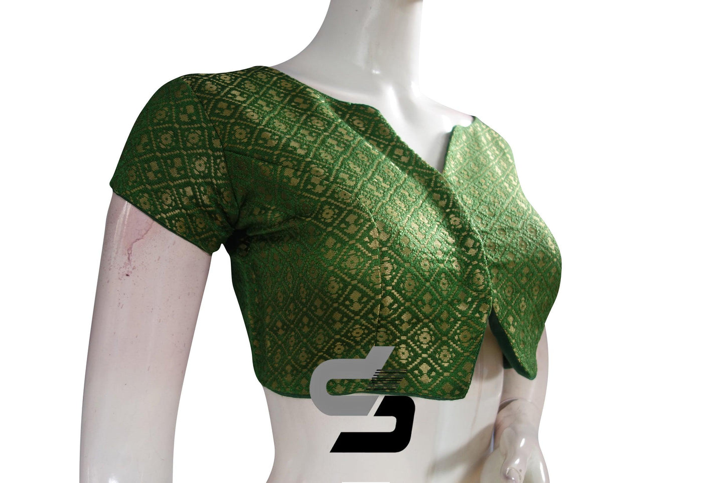 Green Color Brocade Designer Party Wear Readymade Blouse/ Indian Crop Tops - D3blouses