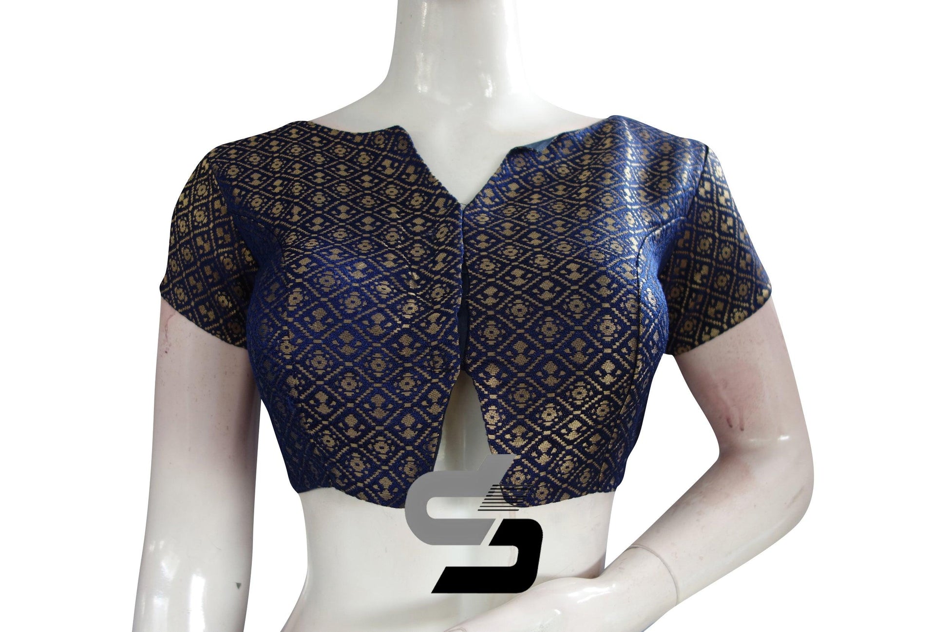 Navy Blue Color Brocade Designer Party Wear Readymade Blouse/ Indian Crop Tops - D3blouses