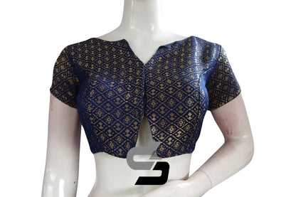 Navy Blue Color Brocade Designer Party Wear Readymade Blouse/ Indian Crop Tops - D3blouses