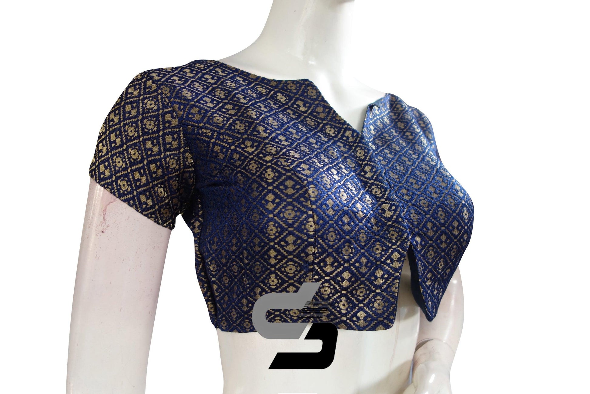 Navy Blue Color Brocade Designer Party Wear Readymade Blouse/ Indian Crop Tops - D3blouses