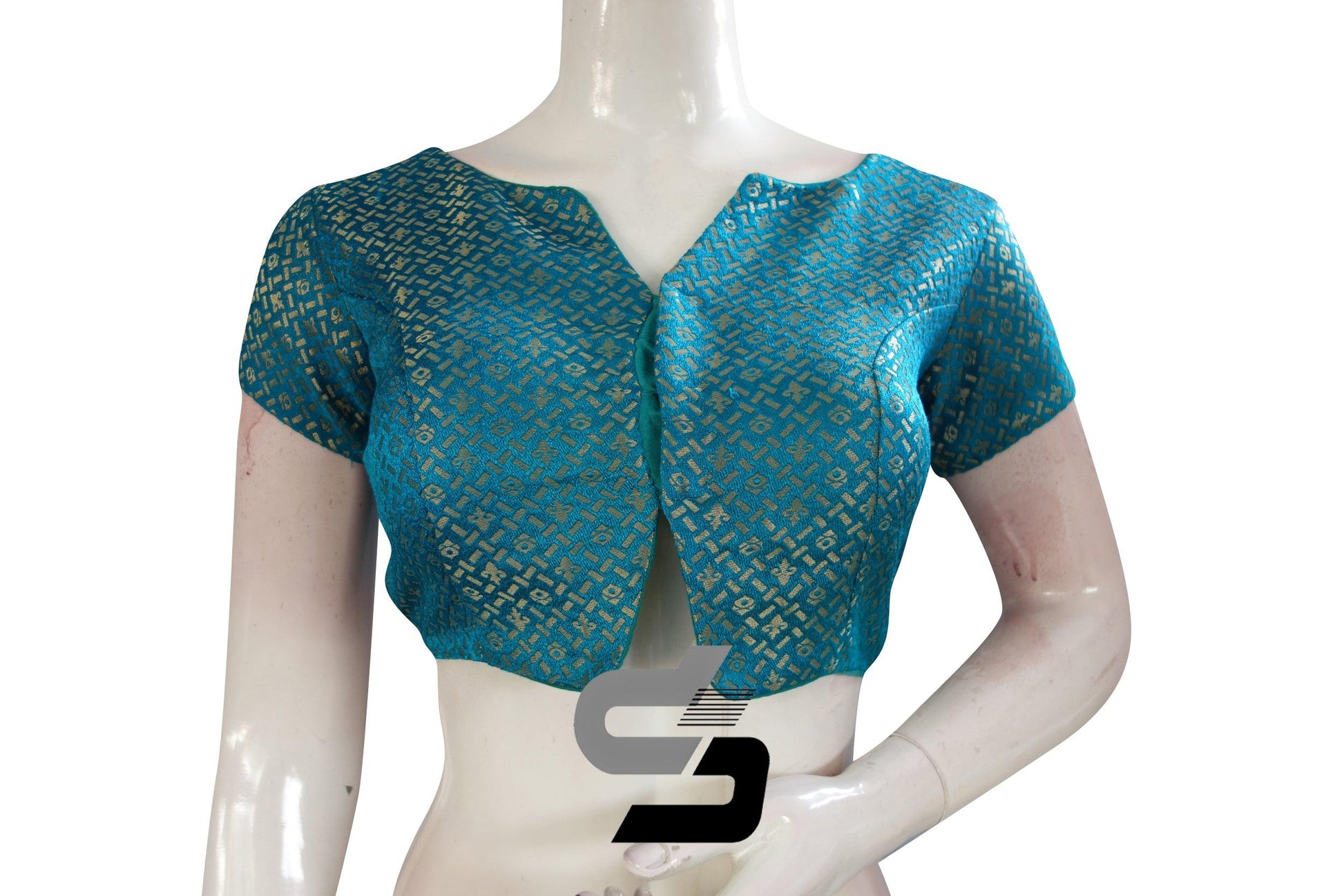 Teal Blue Color Brocade Designer Party Wear Readymade Blouse/ Indian Crop Tops - D3blouses