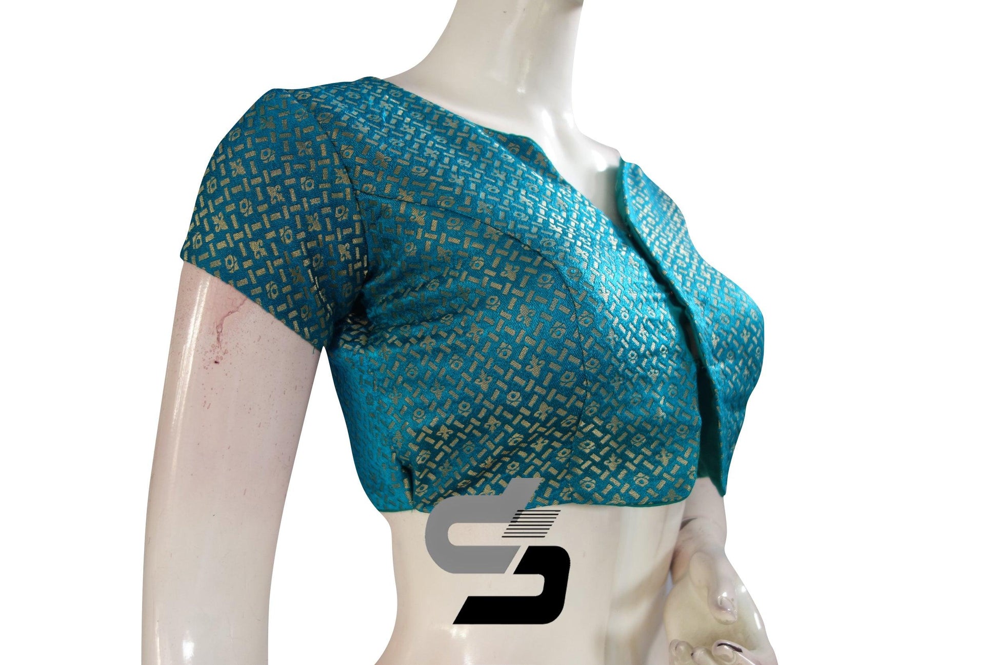 Teal Blue Color Brocade Designer Party Wear Readymade Blouse/ Indian Crop Tops - D3blouses