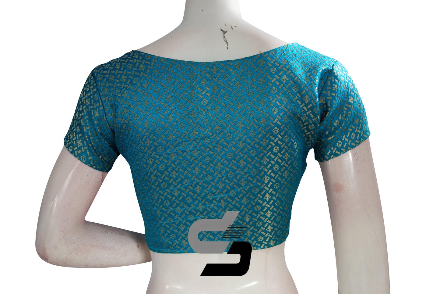 Teal Blue Color Brocade Designer Party Wear Readymade Blouse/ Indian Crop Tops - D3blouses