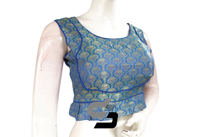 Blue Color Sleeveless Brocade Designer Party Wear Readymade Blouse/ Indian Crop Tops