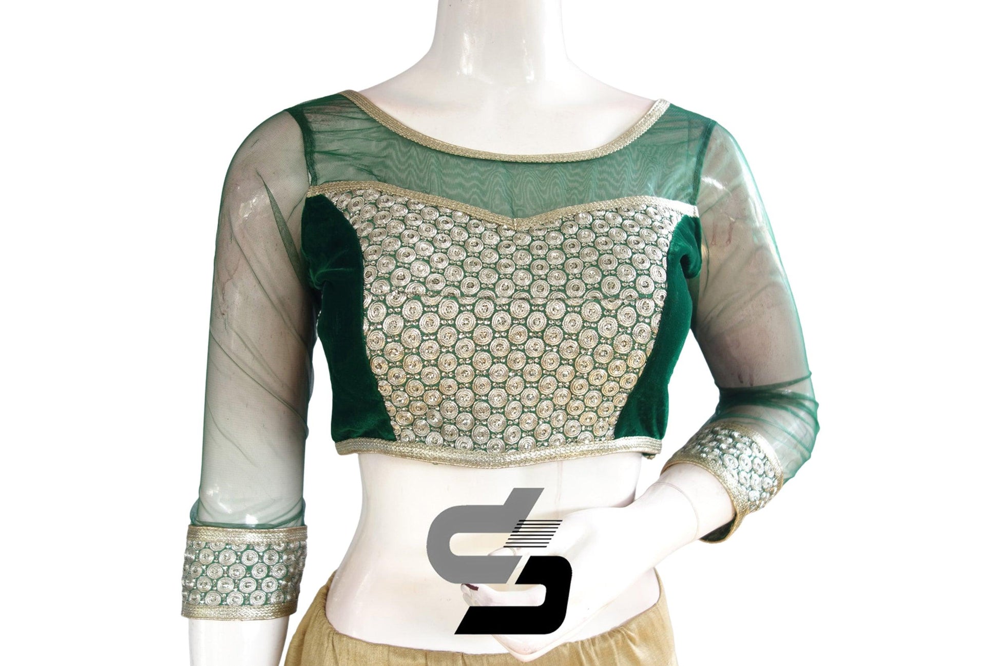 Green Color Velvet 3/4th Designer Party Wear Readymade Blouse/ Indian Crop Tops - D3blouses