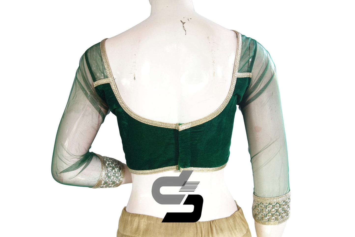 Green Color Velvet 3/4th Designer Party Wear Readymade Blouse/ Indian Crop Tops - D3blouses