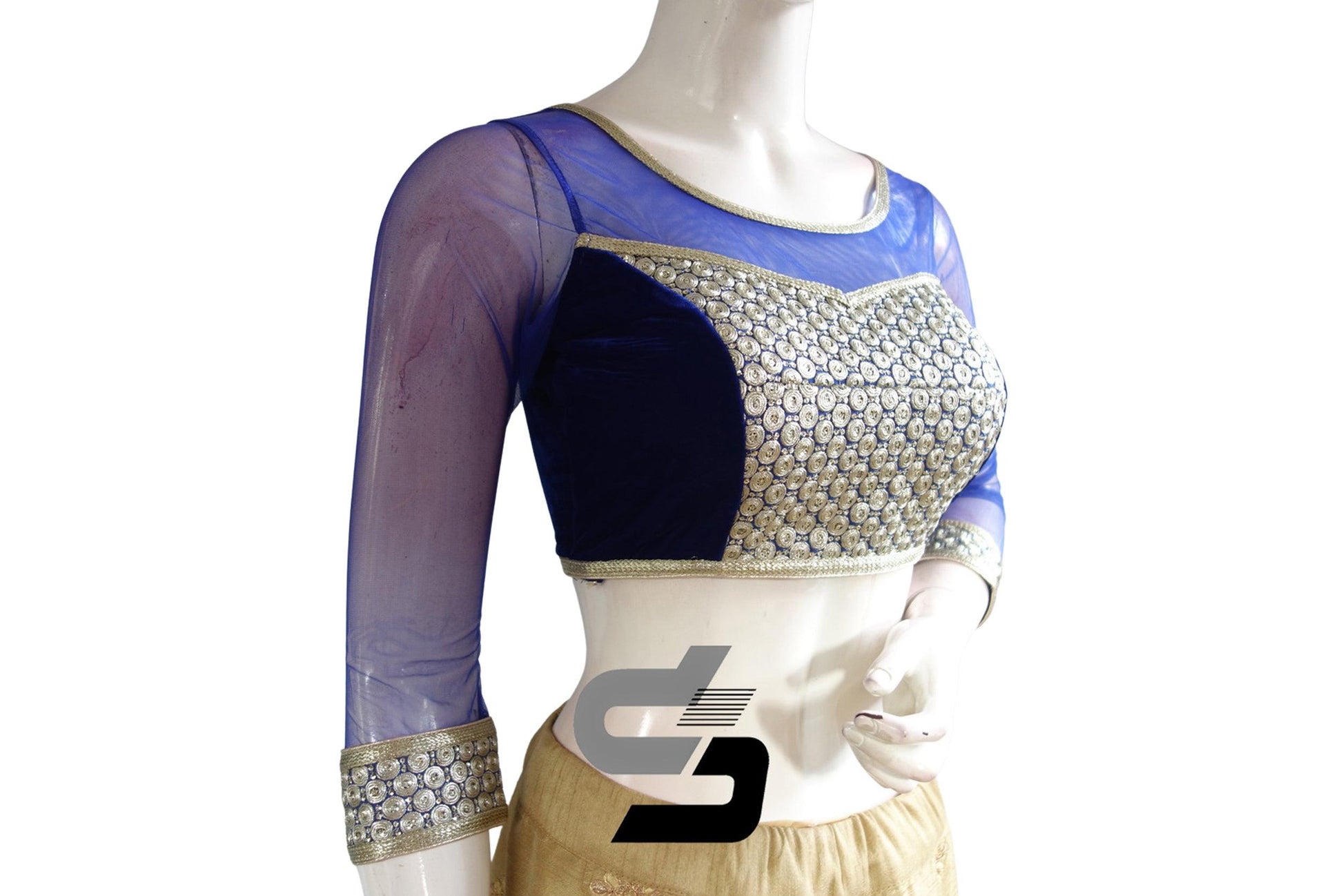 Royal Blue Color Velvet 3/4th Designer Party Wear Readymade Blouse/ Indian Crop Tops - D3blouses