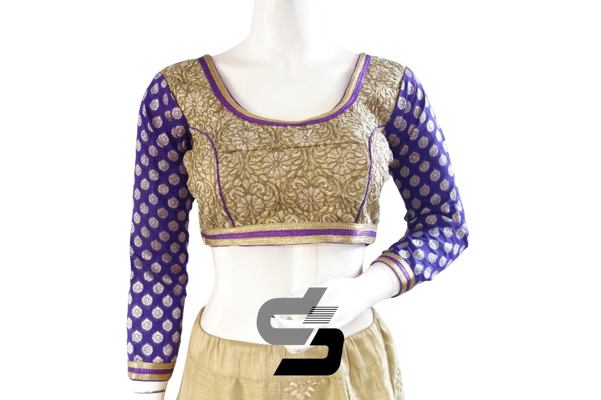 Purple Color Semi Silk Embroidery Bracelet Sleeve Designer Party Wear Readymade Blouse/ Indian Crop Tops - D3blouses