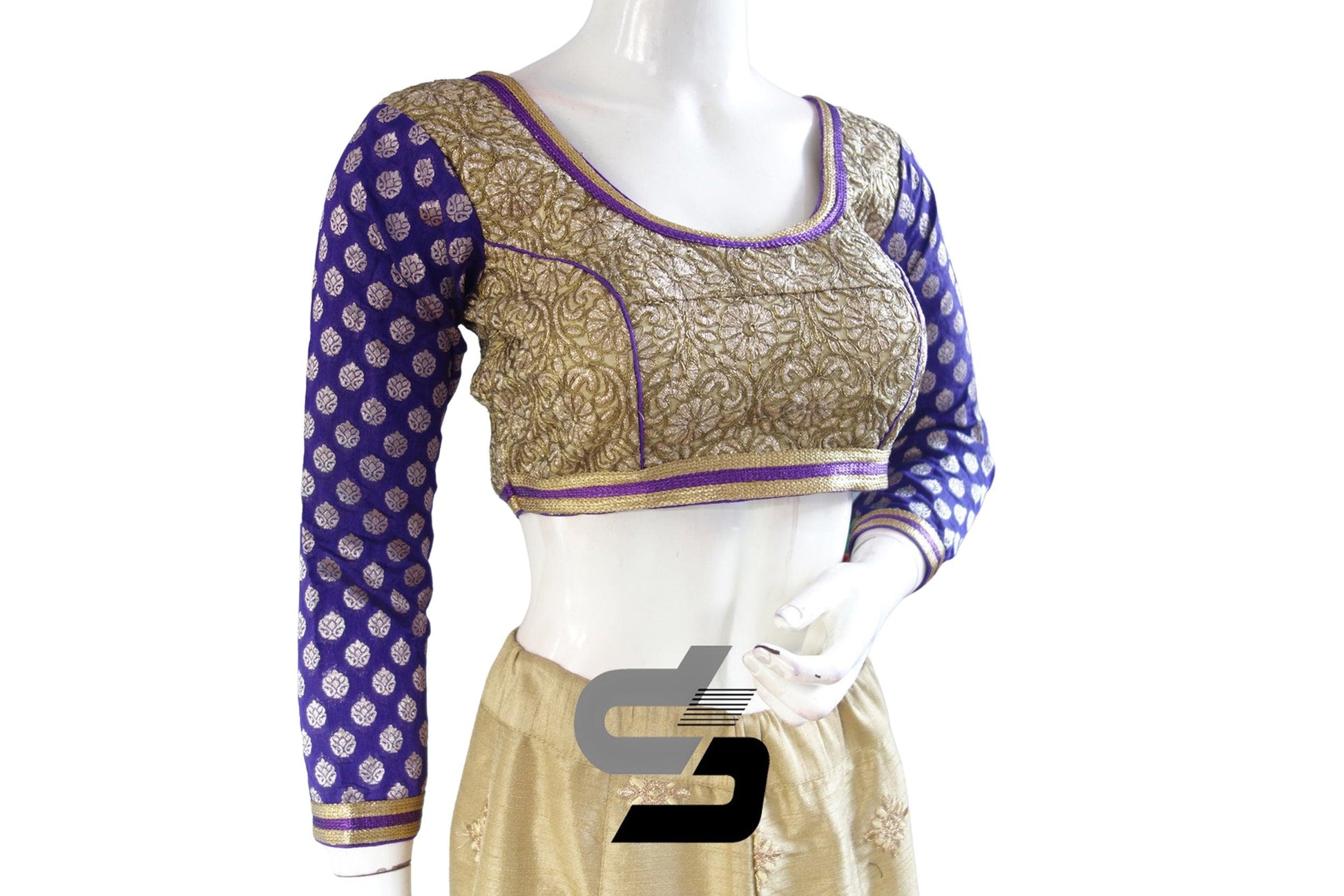 Purple Color Semi Silk Embroidery Bracelet Sleeve Designer Party Wear Readymade Blouse/ Indian Crop Tops - D3blouses