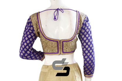 Purple Color Semi Silk Embroidery Bracelet Sleeve Designer Party Wear Readymade Blouse/ Indian Crop Tops - D3blouses