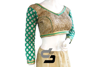 Green Color Semi Silk Embroidery Bracelet Sleeve Designer Party Wear Readymade Blouse/ Indian Crop Tops - D3blouses