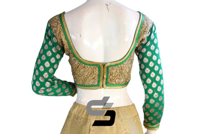 Green Color Semi Silk Embroidery Bracelet Sleeve Designer Party Wear Readymade Blouse/ Indian Crop Tops - D3blouses