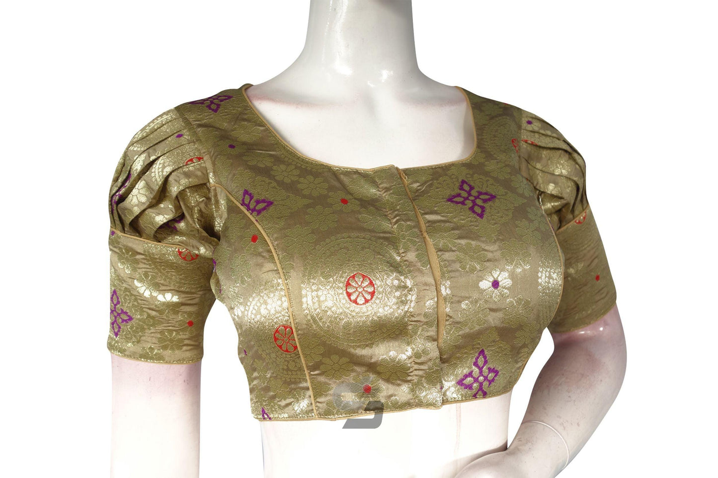 Beige Gold Brocade Silk Puff Sleeves Readymade Saree Blouse With Matching Mask - D3blouses
