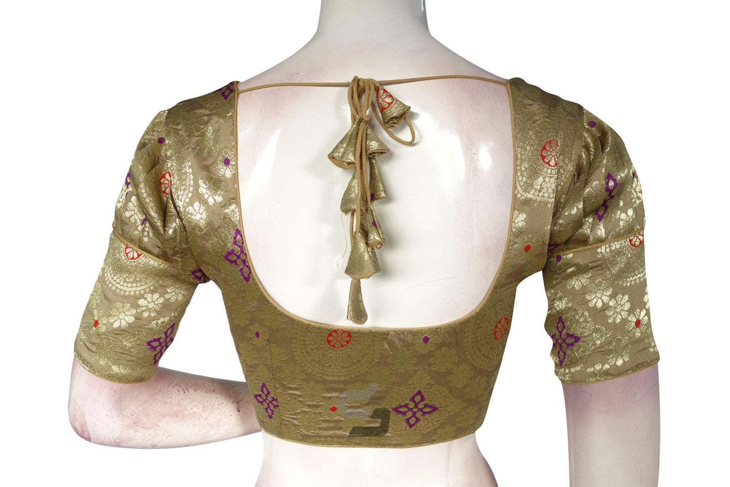 Beige Gold Brocade Silk Puff Sleeves Readymade Saree Blouse With Matching Mask - D3blouses