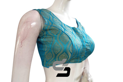 Blue Color Sleeveless Brocade Designer Party Wear Readymade Blouse/ Indian Crop Tops - D3blouses