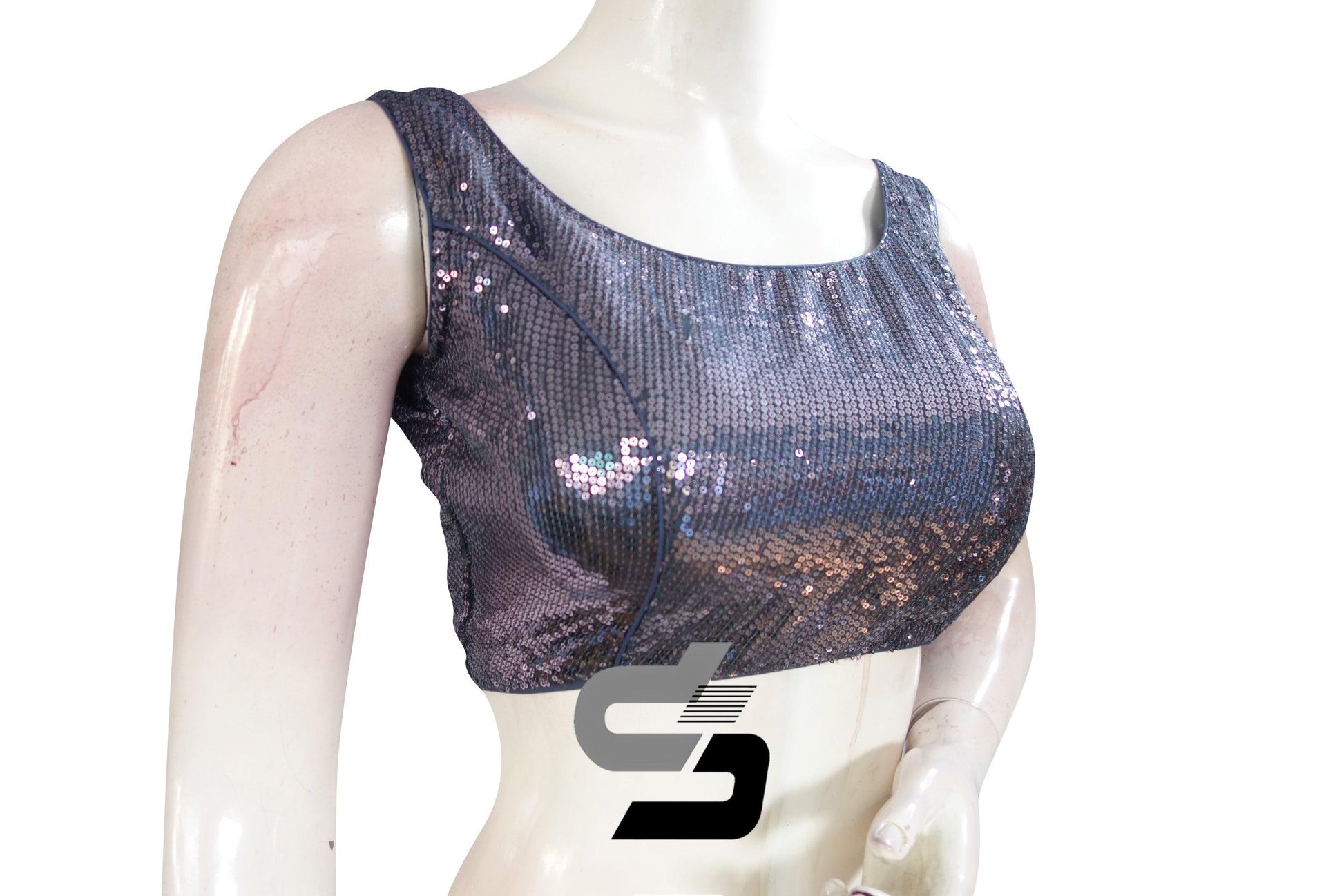 Grey Color Sleeveless Sequins Designer Party Wear Readymade Blouse/ Indian Crop Tops - D3blouses