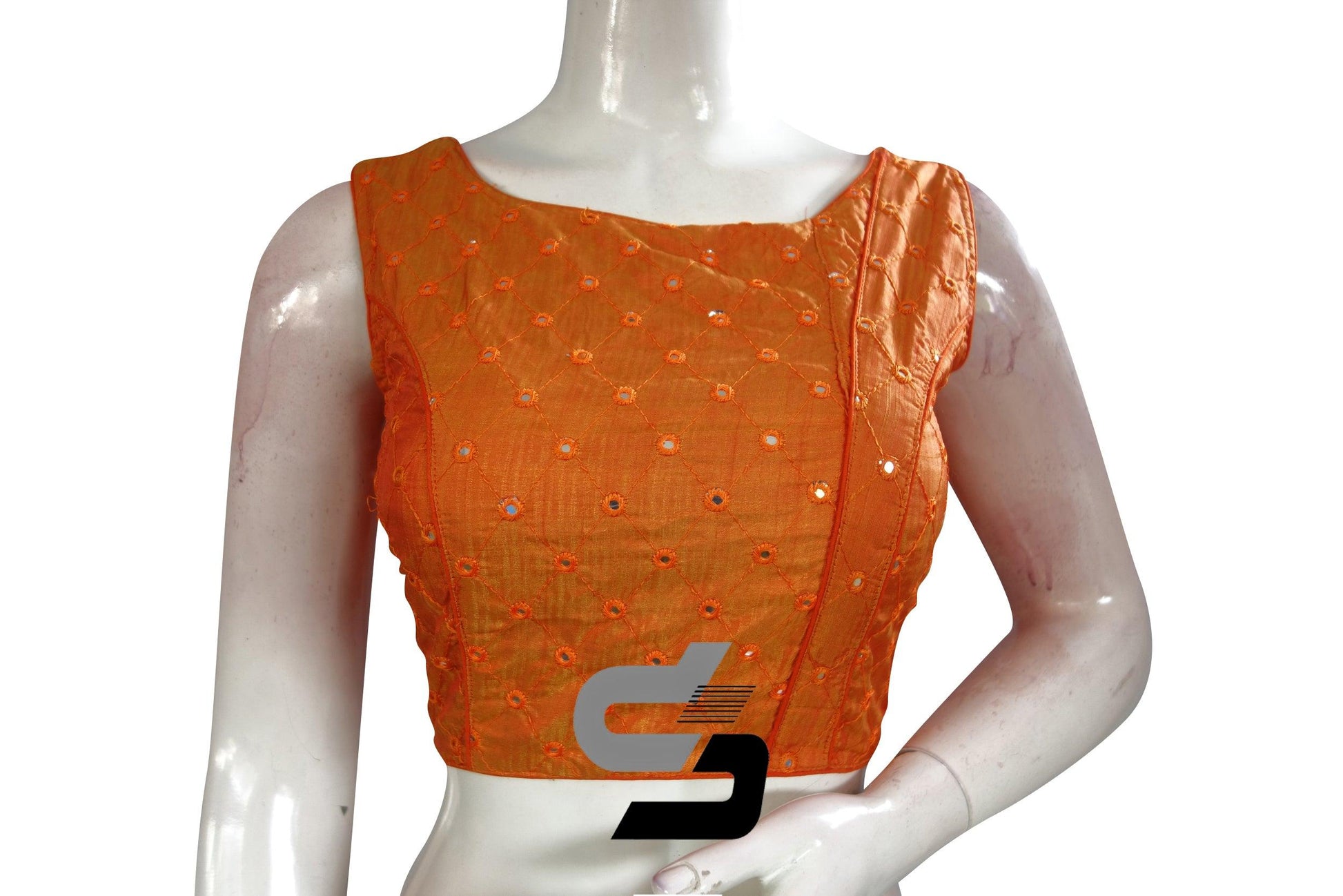 Orange Color Sleeveless Semi Silk Foil Mirror Designer Party Wear Readymade Blouse/ Indian Crop Tops - D3blouses