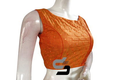 Orange Color Sleeveless Semi Silk Foil Mirror Designer Party Wear Readymade Blouse/ Indian Crop Tops - D3blouses