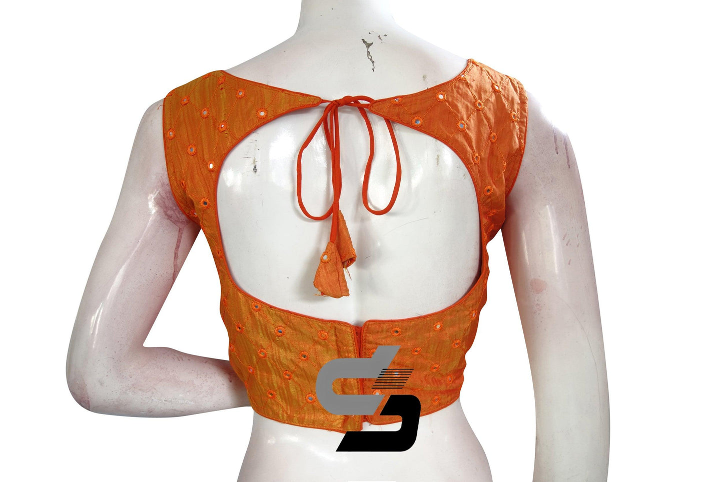 Orange Color Sleeveless Semi Silk Foil Mirror Designer Party Wear Readymade Blouse/ Indian Crop Tops - D3blouses