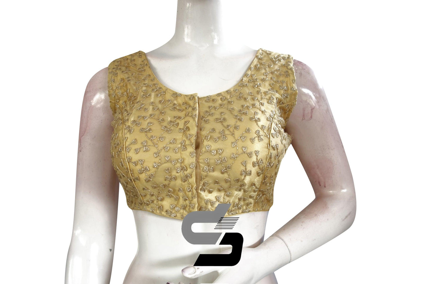 Gold Color Sleeveless Netted Embroidery Designer Party Wear Readymade Blouse/ Indian Crop Tops - D3blouses