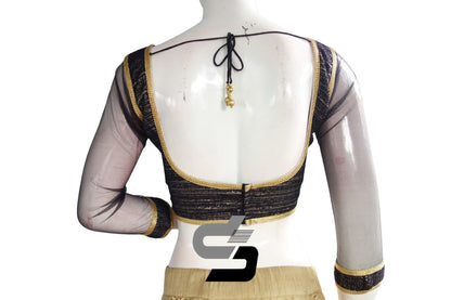 Black Color Semi Silk Bracelet Sleeve Designer Party Wear Readymade Blouse/ Indian Crop Tops - D3blouses