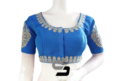 Royal Blue Color Semi Silk Embroidery Designer, Party Wear Readymade Blouse/ Indian Crop Tops - D3blouses