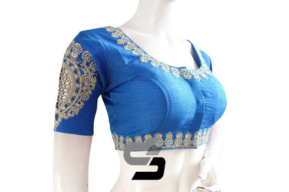 Royal Blue Color Semi Silk Embroidery Designer, Party Wear Readymade Blouse/ Indian Crop Tops - D3blouses