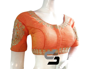 Peach Orange Color Semi Silk Embroidery Designer, Party Wear Readymade Blouse/ Indian Crop Tops - D3blouses